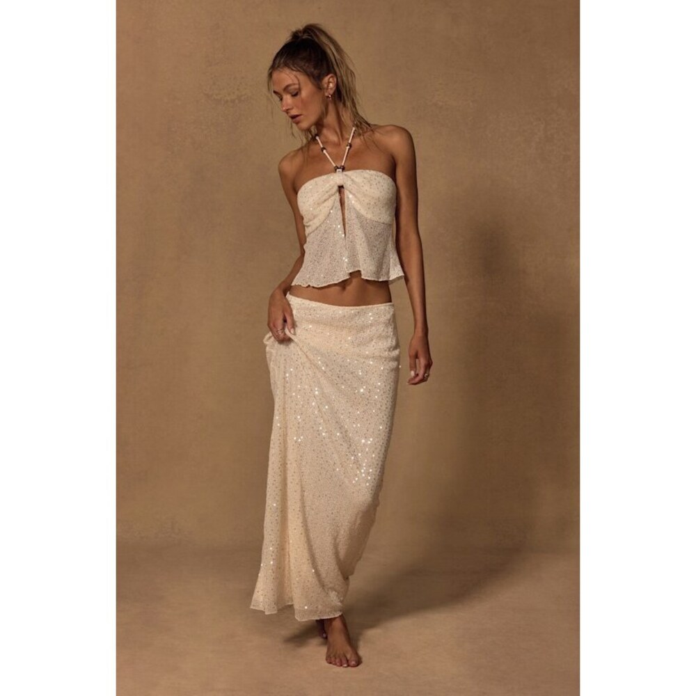 SOLD AS SET Lulus Malita Cream Crochet Sequin Low-rise Maxi Skirt White & TOP - Picture 1 of 2